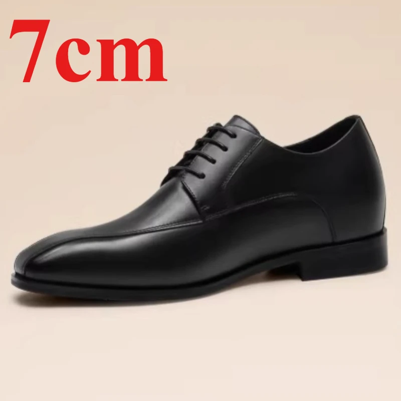 Height Increasing Cowhide Shoes for Men's 7cm Elevator Genuine Leather Business Square Toe Dress Shoes Groom Wedding Derby Shoes