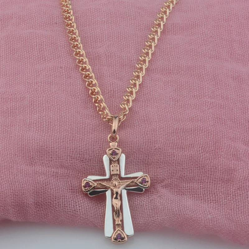 FJ New 5 Style Red Stone/White Religion Cross Women Unisex 585 Rose Gold Color Necklace Jewelry