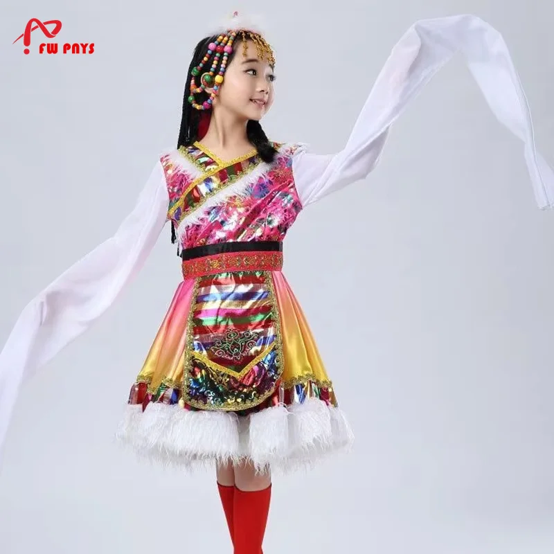Costumes de danse de nationalité Zang pour filles, vêtements Sinkiang, robe de mongolie chinoise, spectacle festif de minorité ethnique