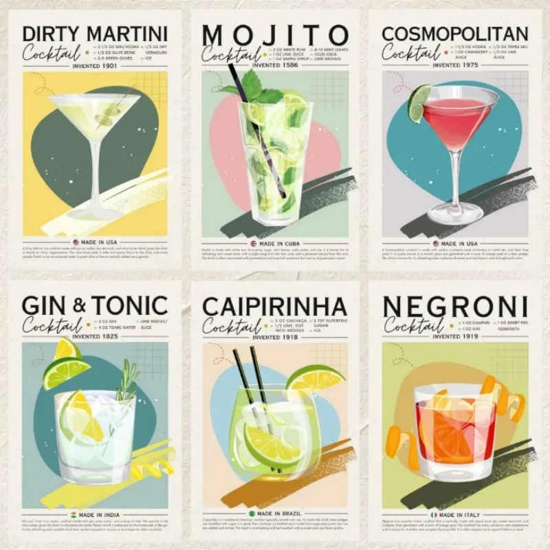 Nordic Minimalist Cosmopolitan Cocktail Drink Vintage Alcohol Recipe Poster Prints Canvas Painting Picture for Modern Room Home