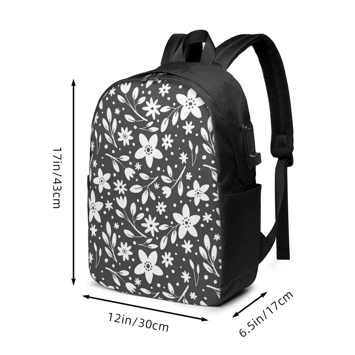 White Flowers In Dark Pattern Backpack Travel Notebook Bag Computer College Student School Bag Laptop Shoulder Bags  Men Women