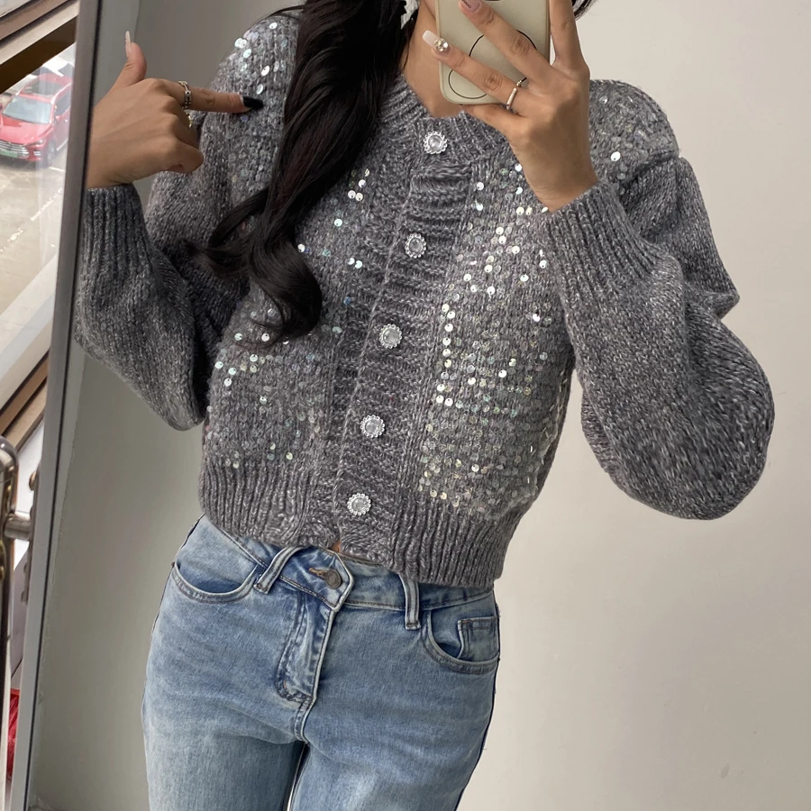 Autumn Winter Sweet Sequined Knit Cardigan Sweater High Quality Korean Fashion Streetwear Single Breasted Long Sleeve Top 2024