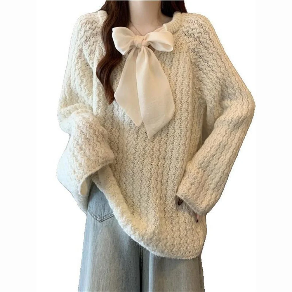

Bow Spliced Hollow Out Knitted Twist Sweater For Women Spring Autumn Medium-length Base Korean Style Loose Knitted Pullover Tops