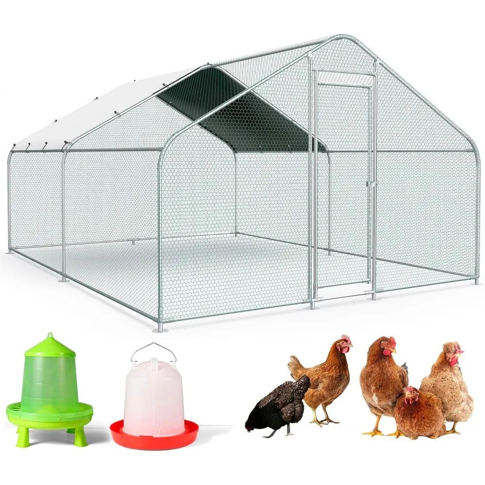 

10x13FT Metal Chicken Run with Roof Walk-in Poultry Cage Chicken Coop Runs House with Waterproof Cover Habitat Chicken Cage