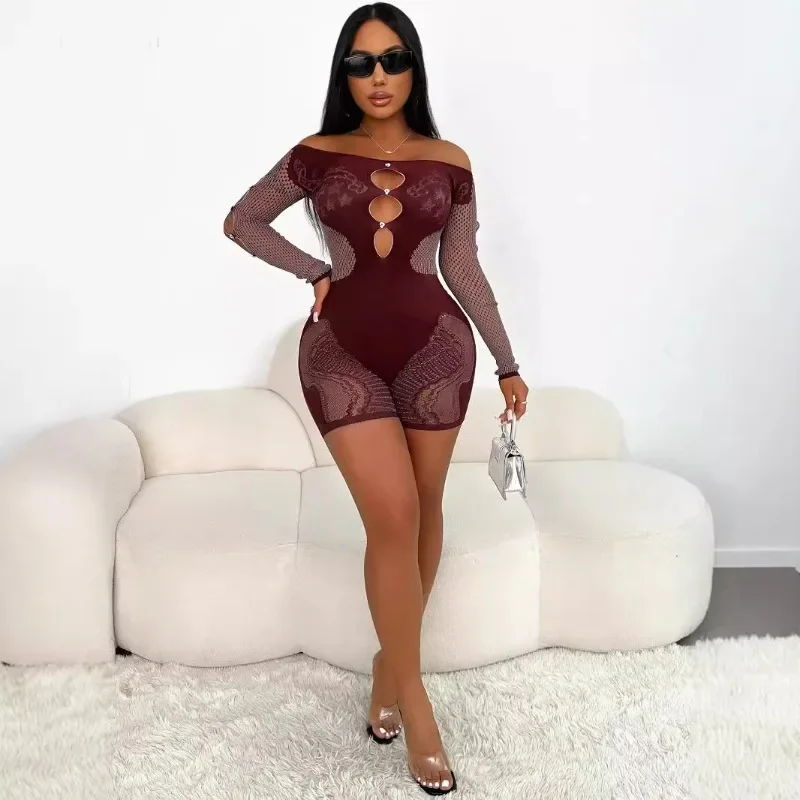 

Knit Jacquard Mesh Patchwork Skinny Playsuits 2025 Autumn Women Sexy Diamonds Hollow Out Off Shoulder Long Sleeve Club Rompers