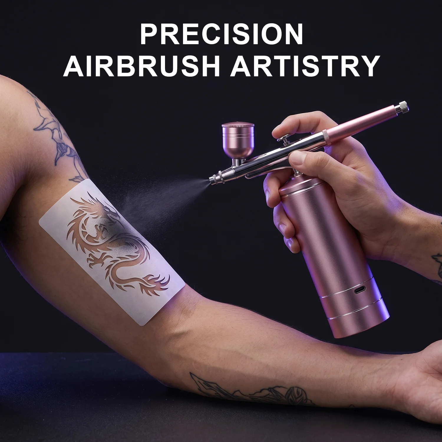 Rechargeable Handheld Airbrush Kit Wireless Airbrush Gun With Flexible Hose Micro Atomization Black Pink For Tattoo Stenciling