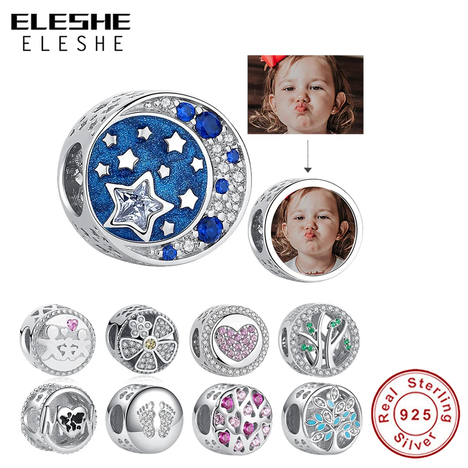 ELESHE-abalorio de plata de ley 925 para mujer, cuentas de cristal con foto personalizada, compatible con Pulsera Original, accesorios de bricolaje,