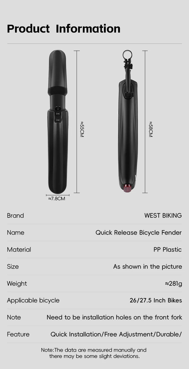 WEST BIKING Fahrrad-Schutzbleche MTB Schmutzschutz Erweiterter Schutz Winkelverstellbar für 26 27,5 Zoll Mountainbike Straßenfahrrad Faltrad Teile – Detail 3
