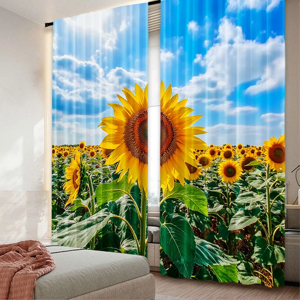 

2Pcs Sunflower Curtains Spring Garden Flowers Scenery Blue Sky Nature Curtains Sunflower Field Yellow Floral Plant Curtains