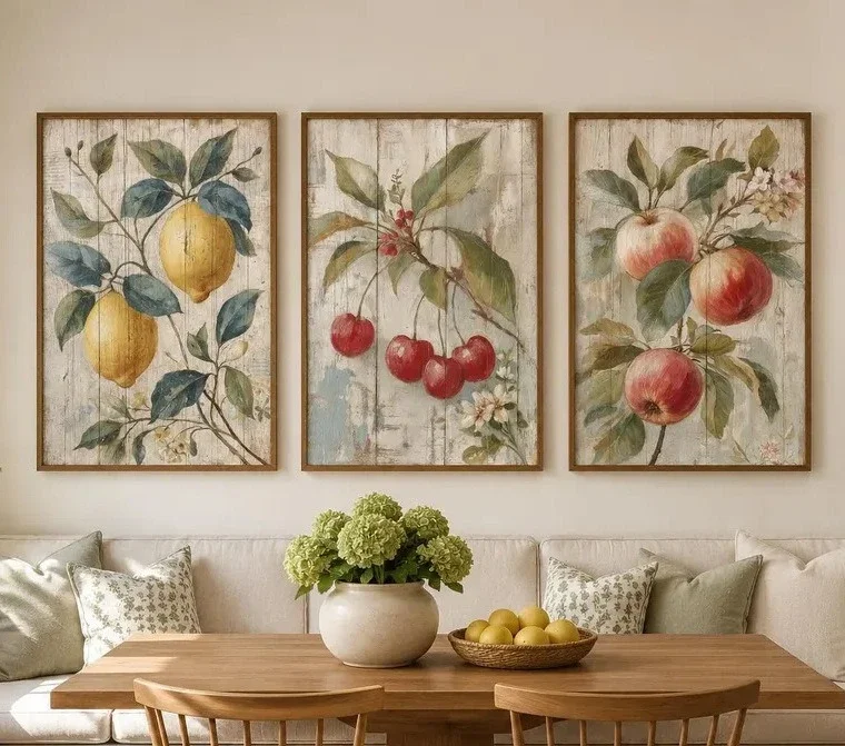 3PCS Framed Vintage Fruit Canvas Wall Art, Lemon Cherry Apple Prints for Dining Room