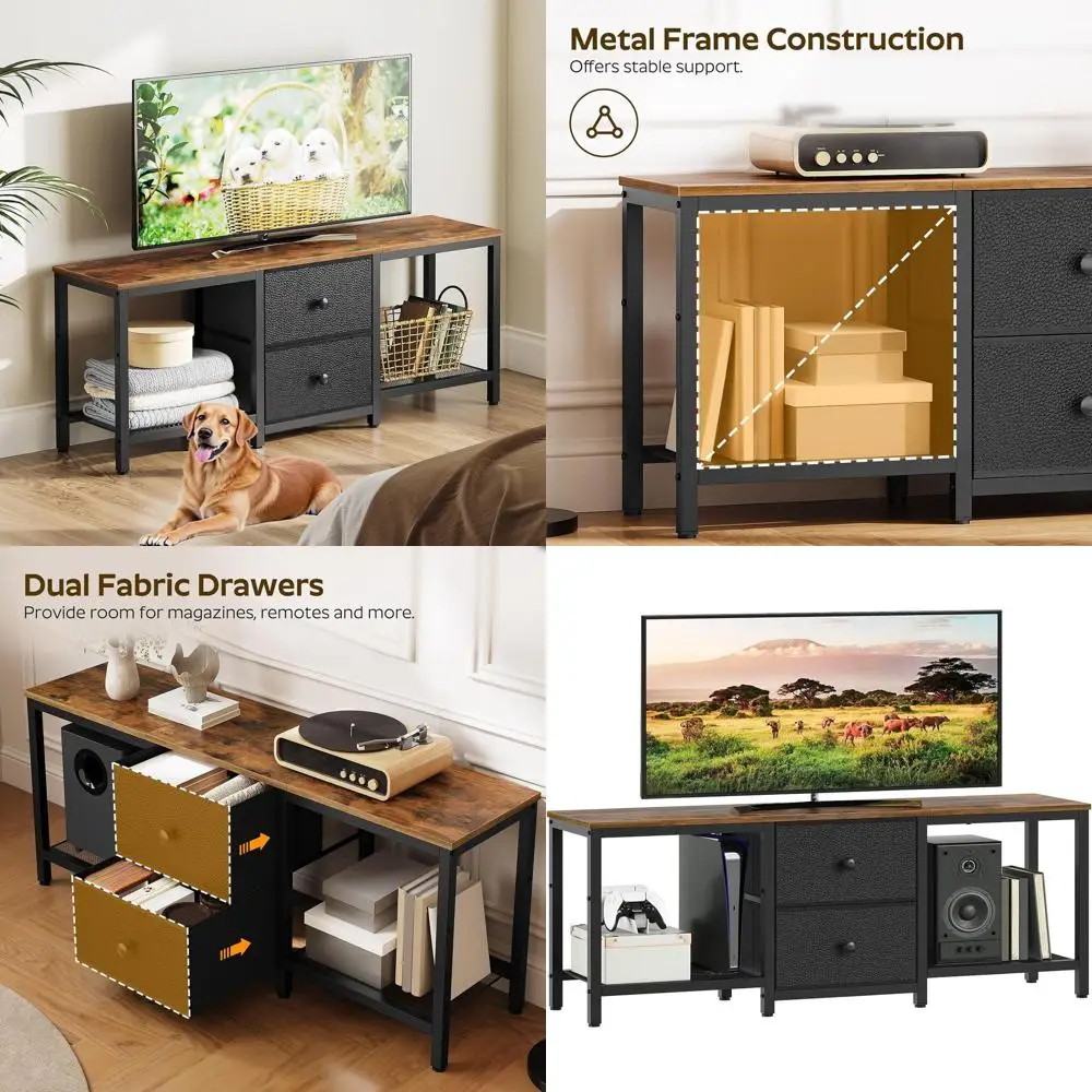 

55 TV Entertainment Center with Fabric Drawers, Rustic Brown & Black Media Console for Living Spaces