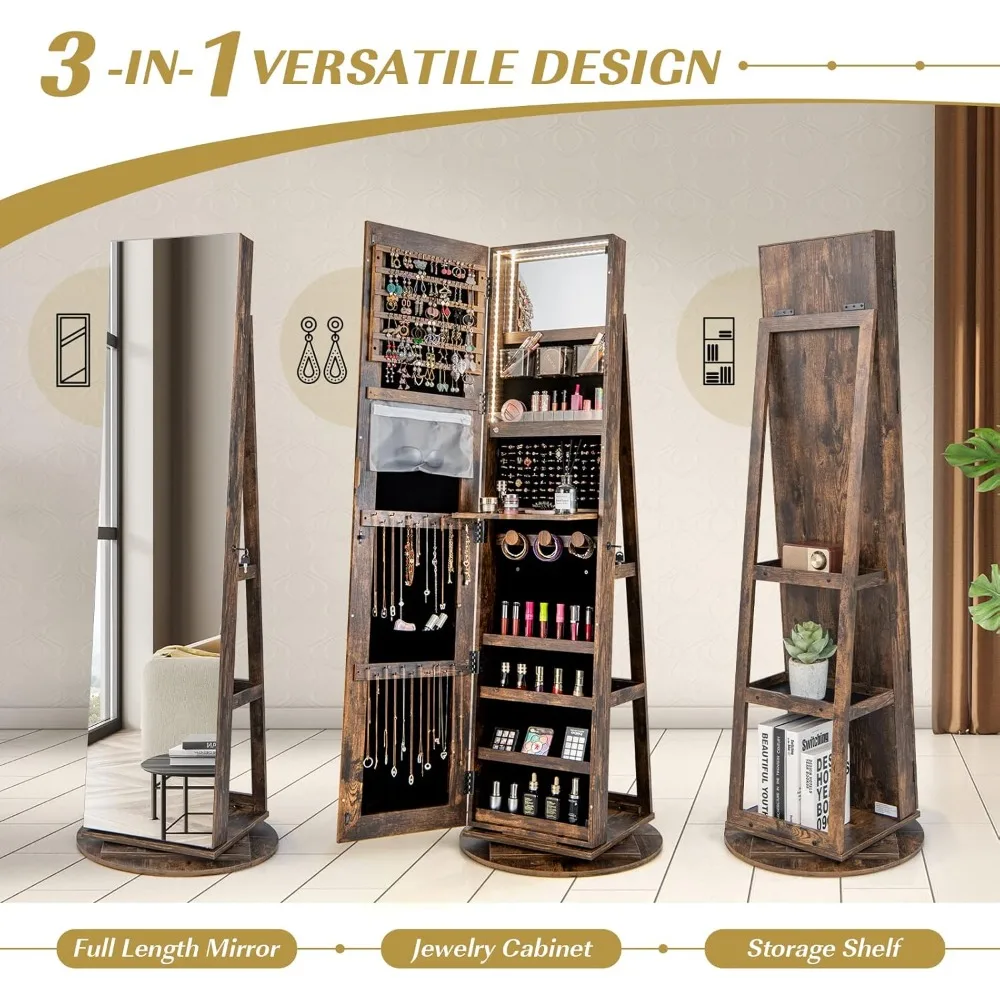 "360 Degree Rotatable Lockable Jewelry Cabinet with Full-Length Mirror and 3-Color LED Lights, Rear Storage"