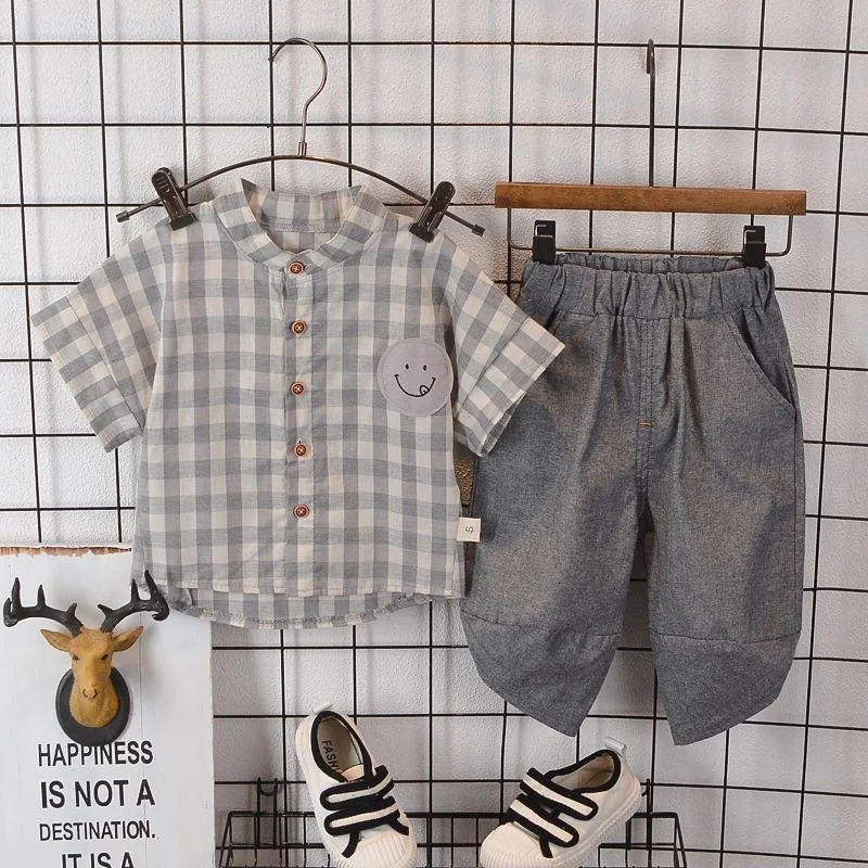 

Boys Summer Suits Clothes Baby Short Sleeves Cotton Shirt Shorts Outfits Children Top+Cropped Trousers Sets 2pcs 0-6T