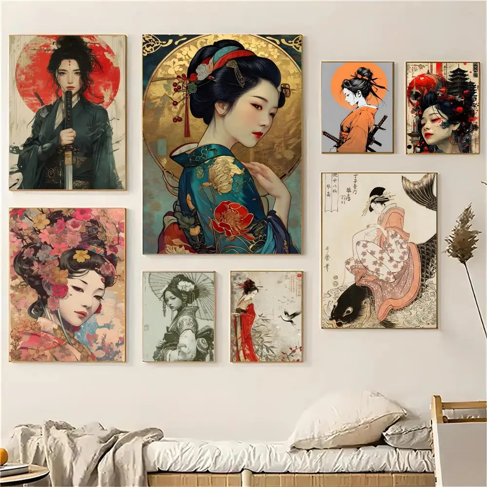 Retro Japanese Geisha Art Poster Self-adhesive Decal Living Room Bedroom Party Bar Decor Moisture-proof Fade-resistant