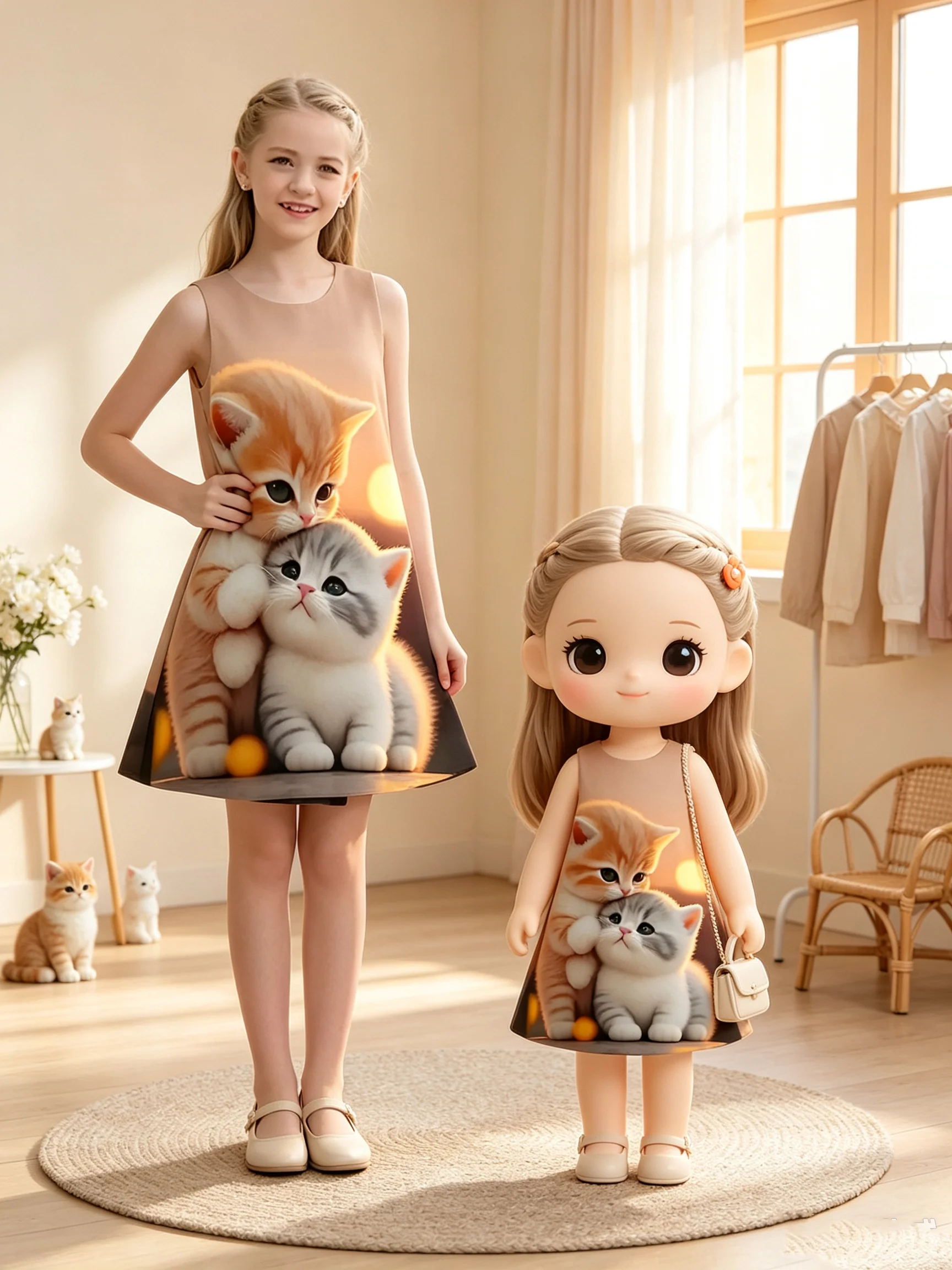 Casual girl fashionable sleeveless round neck cute cartoon kitten sunset print dress mid length skirt