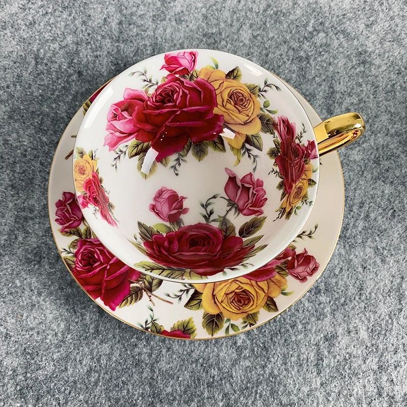 British Bone China Tea Cup Beautiful Flower Tea Cup Flower Pattern Set Rose Pattern High Foot Ceramics Mug Birthday Day Gift