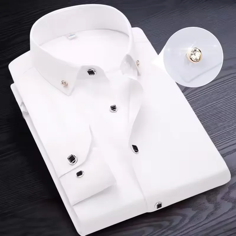 Men's Hot Sales Business Shirt Formal Fashion Thin Classic Basic Diamond Button Long Sleeve Social White Shirt Men's Clothing