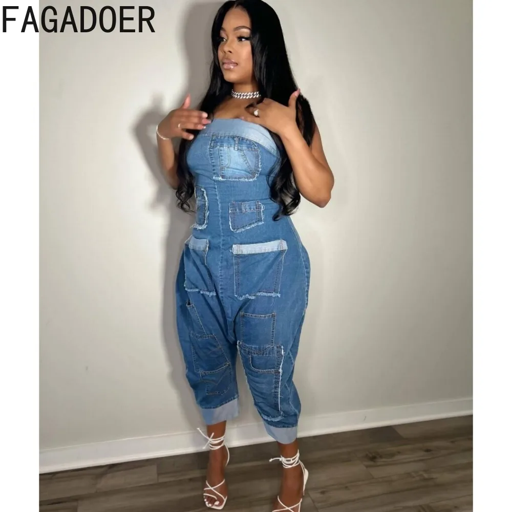 FAGADOER Fashion Streetwear Women Denim Pocket Splicing Loose Tube Jumpsuit Women Off Shoulder Sleeveless Backless Playsuit 2024