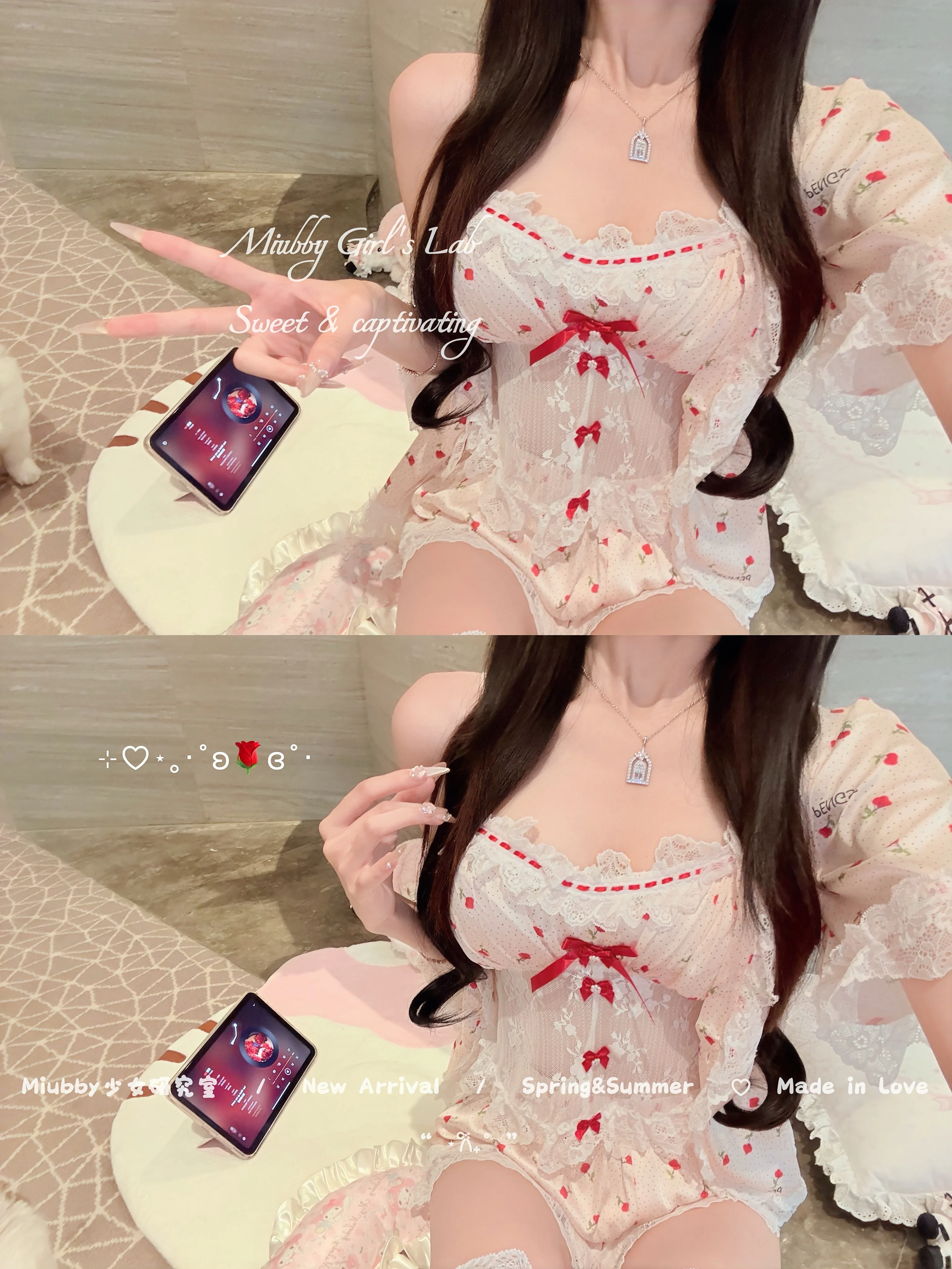 Japanese Original Doll Feeling Sweet Girl Ice Silk Suspender Pajamas Lace Bow Cute Print Sexy Casual Loungewear Set