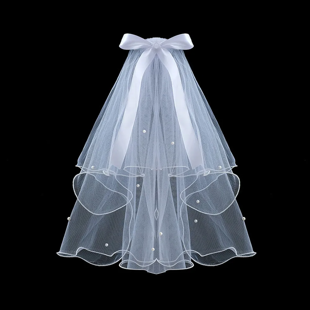 Aviana Pearls Tulle Two Layers Bow Wedding Veils Ivory White Short Tulle Bridal Veil Wedding Accessories