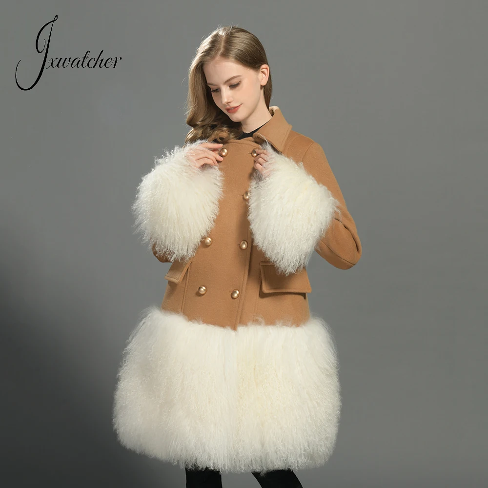 Jxwatcher Women's Wool Coat with Real Mongolian Sheep Fur Hem Cuff Ladies Winter Medium Lenght Wool Blend Coats 2024 New Arrival