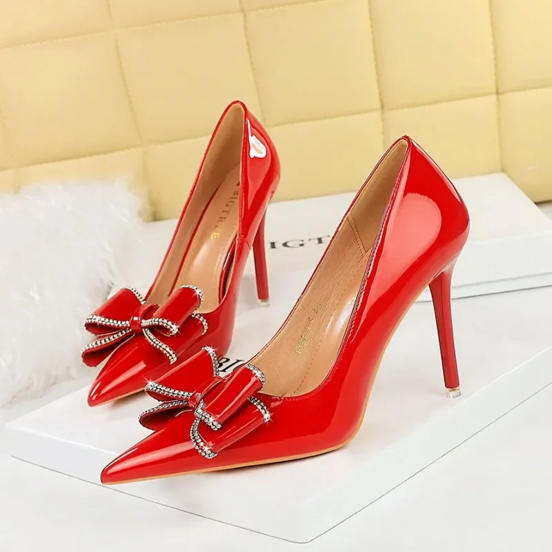 

BIGTREE Women Pumps Shoes Bride Pointed Toe Platform Heels Butterfly Knot Patent Leather 10.5CM Thin Heels Cover Heel Woman Shoe