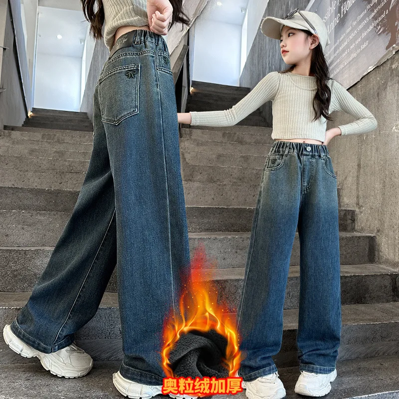 New High Quality Winter Girls Jeans Denim Wide Leg Pants Kids Clothing Children Casual bow Trousers For Teenager Clothes 5-14Yrs