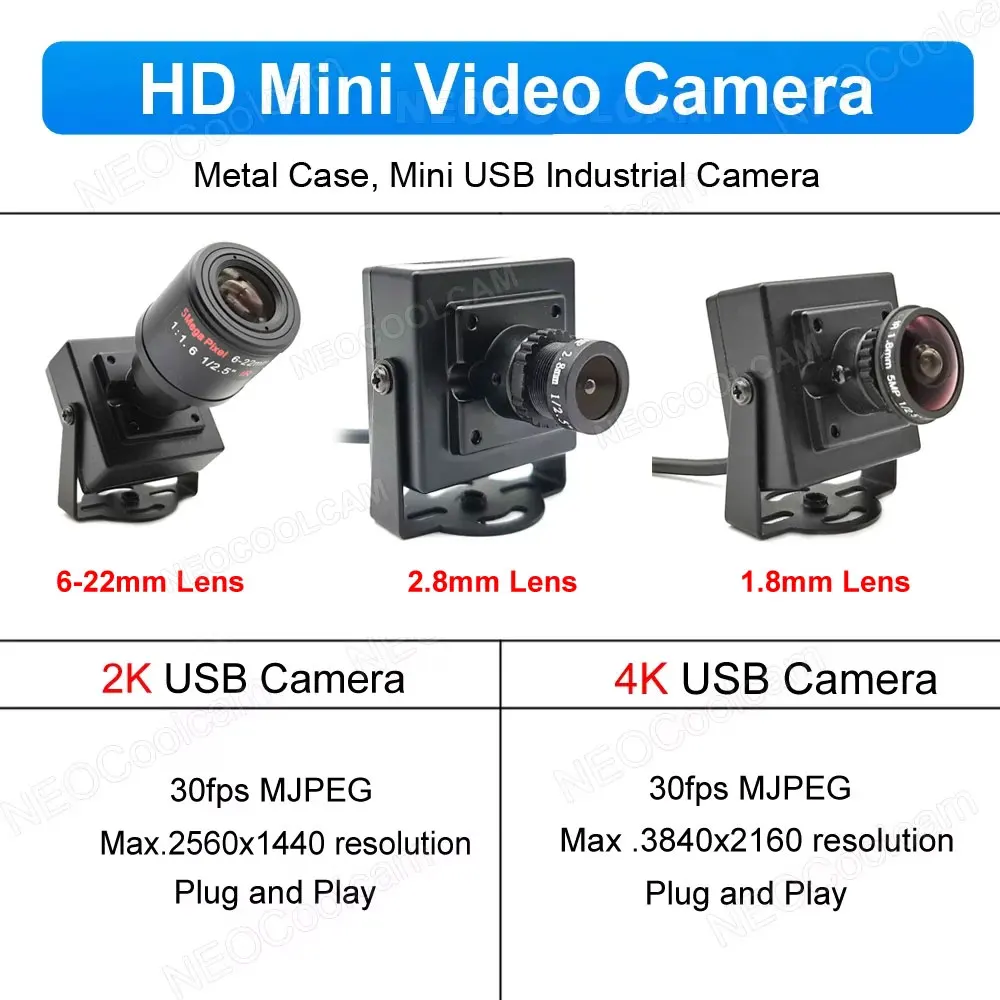 30fps HD 4K 8MP Mini USB Webcam 6-22mm Varifocal Zoom Lens 2K 2560x1440 1.8mm/2.8mm UVC Computer Video Camera Plug And Play