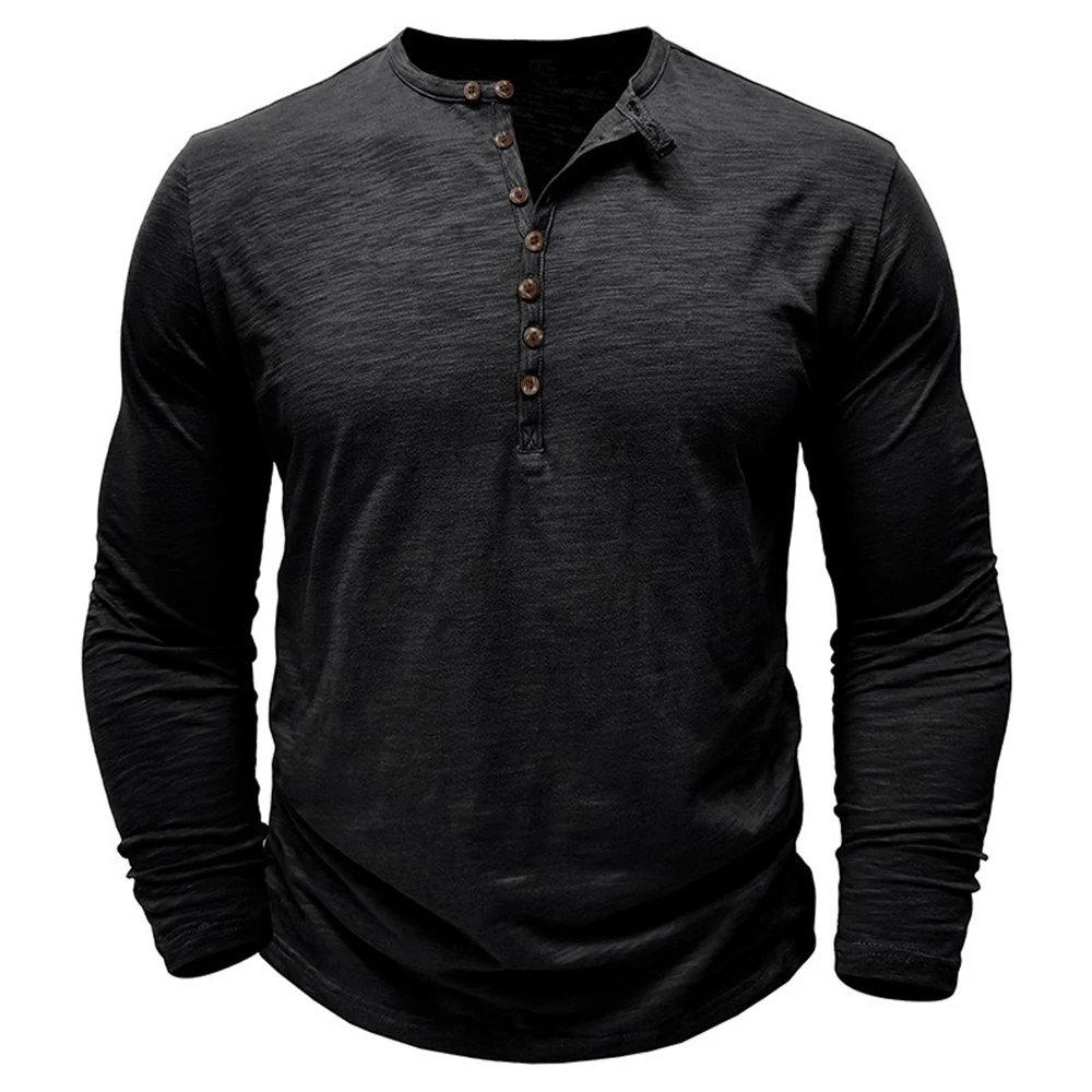 Langarm-Henley-Shirt für Herren Herbst Neu Atmungsaktiver Weicher Stoff Modisches Knopfdesign Einfarbiges Männliches Casual Basic T-Shirt