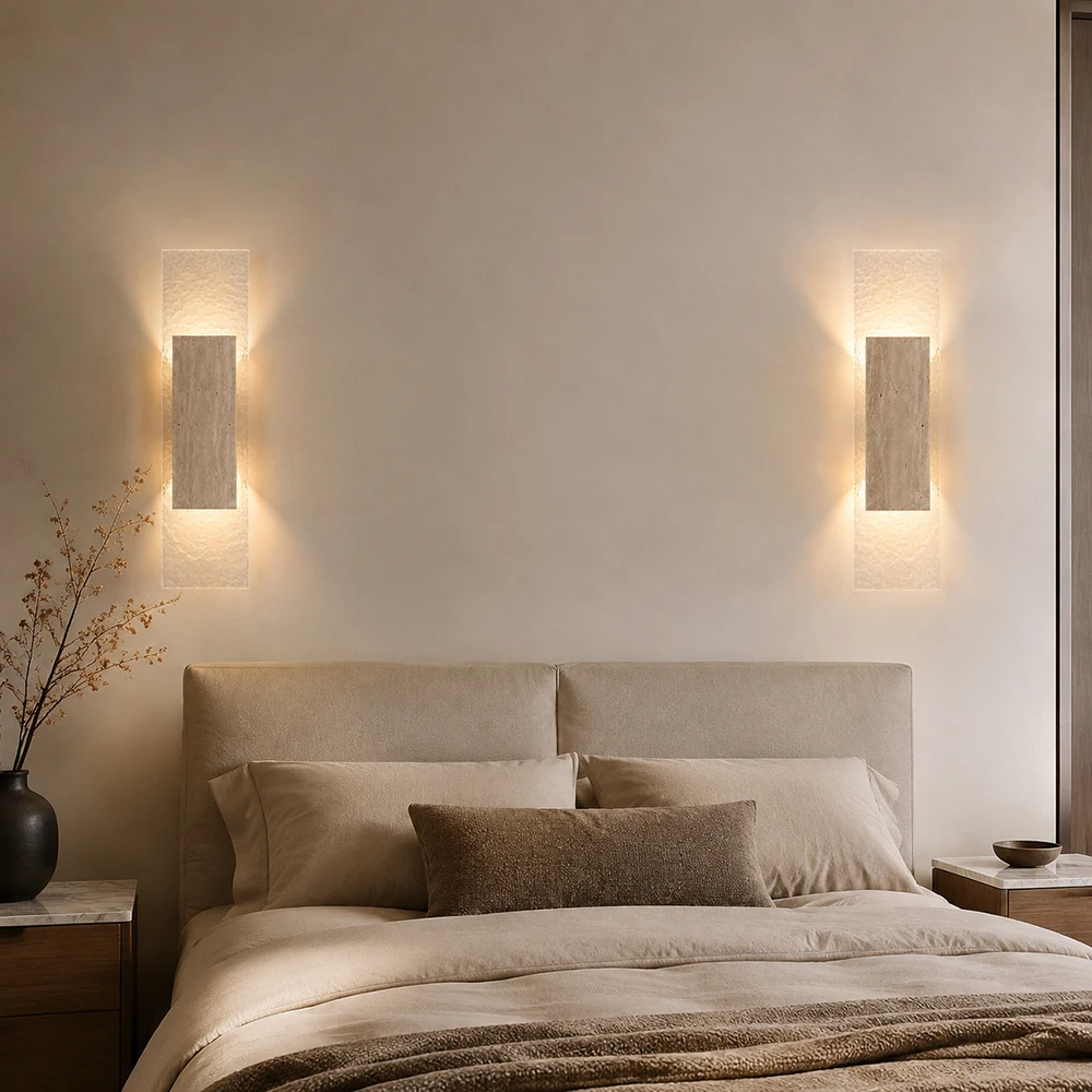 Modern Travertine LED Wall Sconce Wabi Sabi Indoor Wall Lamp for Living Room Bedroom Bedside Corridor Background Decor Lighting