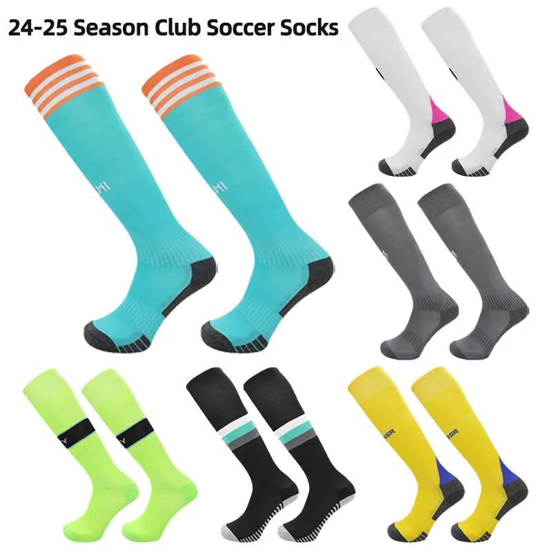 24-25 Season European Football Club Styles Children Adults Soccer Socks Boys Kid's Long Knee High Towel Bottom Sports Sock