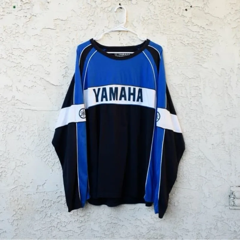 

2026 Summer Yamaha Hot Blue Black Color Blocked Long Sleeve T-shirt for Men and Women Trendy Large Motorcycle Riding Shirt