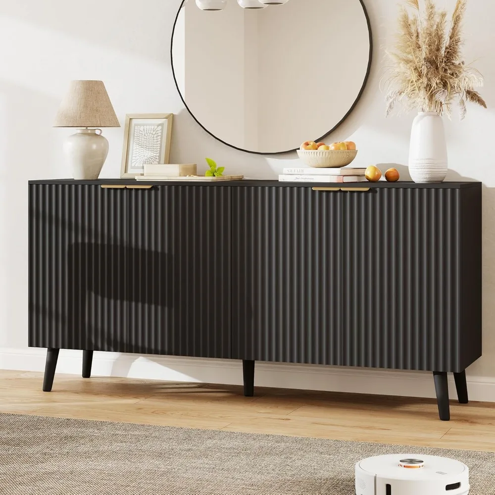 

Буфет-буфет с местом для хранения, 55-дюймовый рифленый акцентный шкаф, современный стол для прихожей с 4 дверцами, кофе-бар Credenza