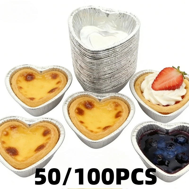 Bandeja desechable para tarta de huevo en forma de corazón, bandeja de papel de aluminio para hornear, horno, postres, pudín, pasteles, suministros de cocina, 50/100 Uds.