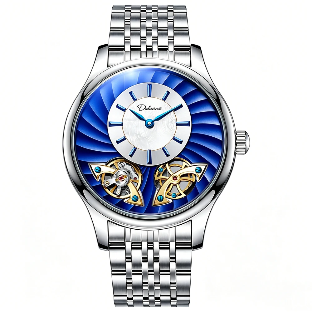 Blue Double Rotating Tourbillon Men's Watch Fashion Stainless Steel Automatic Mechanical Watch For Men Waterproof reloj hombre