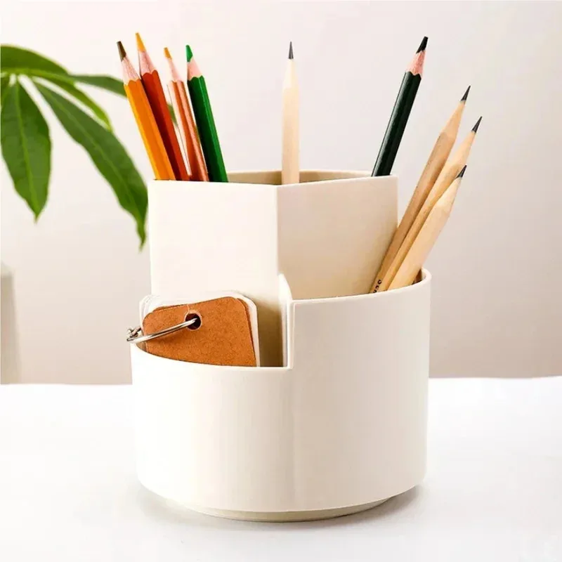 Suporte giratório para caneta, organizador de papelaria de mesa, três furos, caixa de armazenamento de pincel de maquiagem, escritório, estudante, armazenamento multifuncional