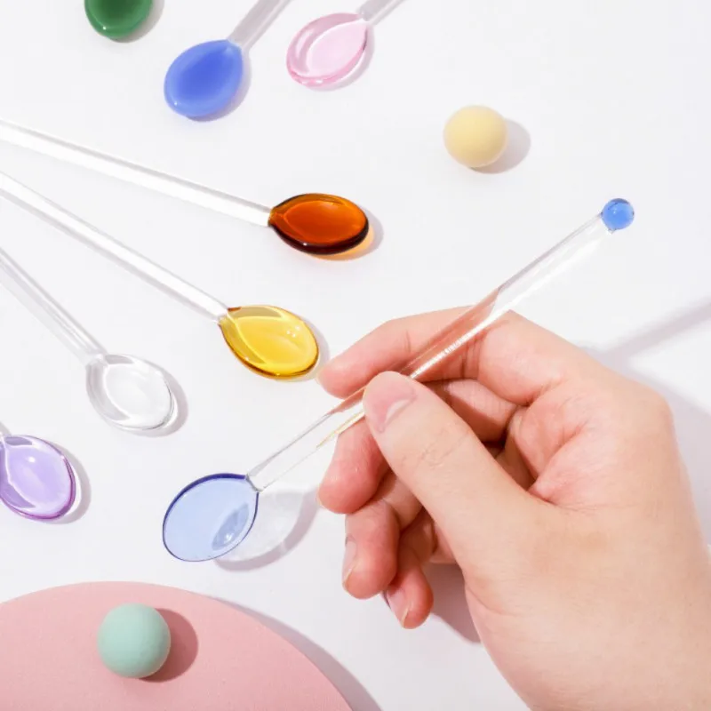 Cà Phê Pha Trộn Thìa Sáng Tạo Màu Kính Cường Lực Trong Suốt Pha Trộn Thìa Tay Cầm Dài Món Tráng Miệng Kính Thìa Bộ Đồ Ăn Quà Tặng