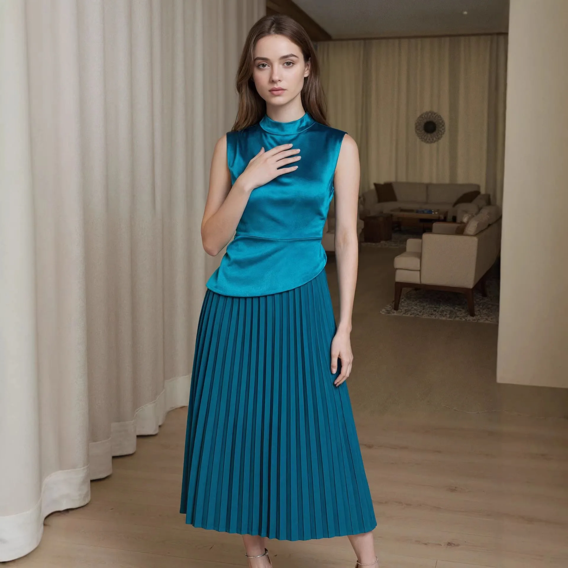 فستان من الساتان ذو ثنيات للنساء، تنورة طويلة عالية الخصر على الطراز الأوروبي الأمريكي خفيفة الوزن وجيدة التهوية