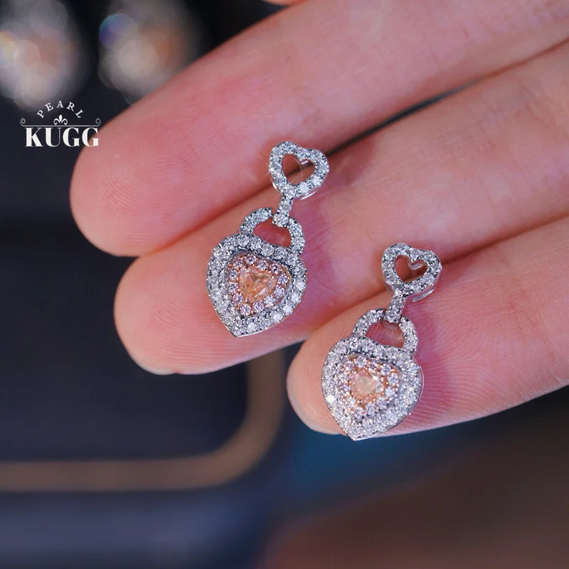 KUGG 100% 18K White Gold Earrings Romantic Heart Design 0.76carat Real Natural Pink Diamond Earrings for Women Wedding Jewelry