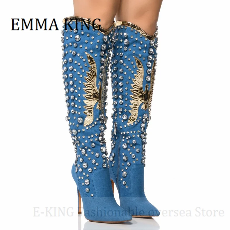 Women Rhinestone Embellished Denim Boots Sexy Pointed Toe Stiletto Heels Botines De Mujer Spring Autumn Western Knee High Boots