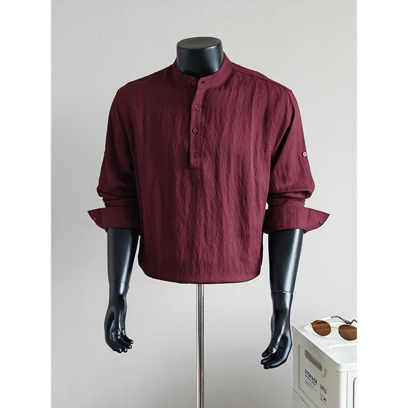 Lyocell Linen Stand Up Collar Pullover Shirt Men Long Sleeve Casual Social Shirts Solid Color Versatile Streetwear Men Clothing