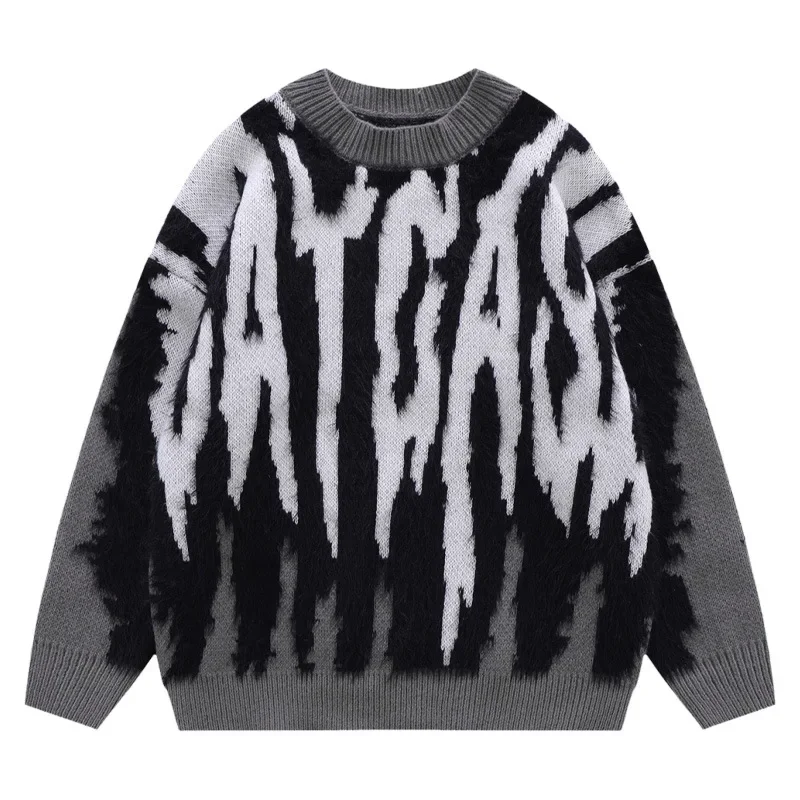 Harajuku Vintage Knitted Sweater Men Woman Winter Oversized Pullover Thick Warm Stripe Color Block Hip Hop Couple Knit Sweaters