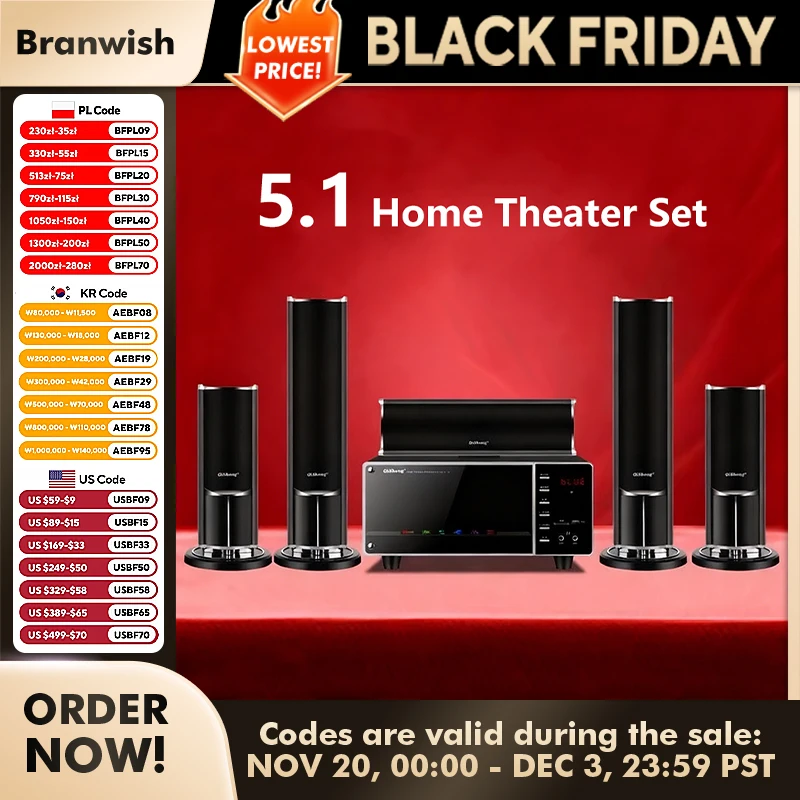 60-180W Speaker Set 5.1 Channel Sound Box Sound System 4-16ohm Subwoofer SNR 85dB Audio Kit for Home Theater TV Karaoke Gaming