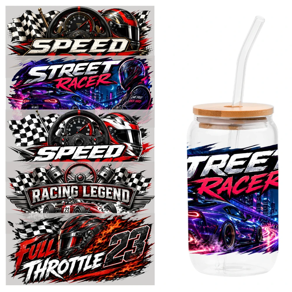 5 Sheets Speed Street Racer Racing Legend Full Throttle UV DTF Stickers UV DTF Transfer Stickers for Glass Cups Waterproof