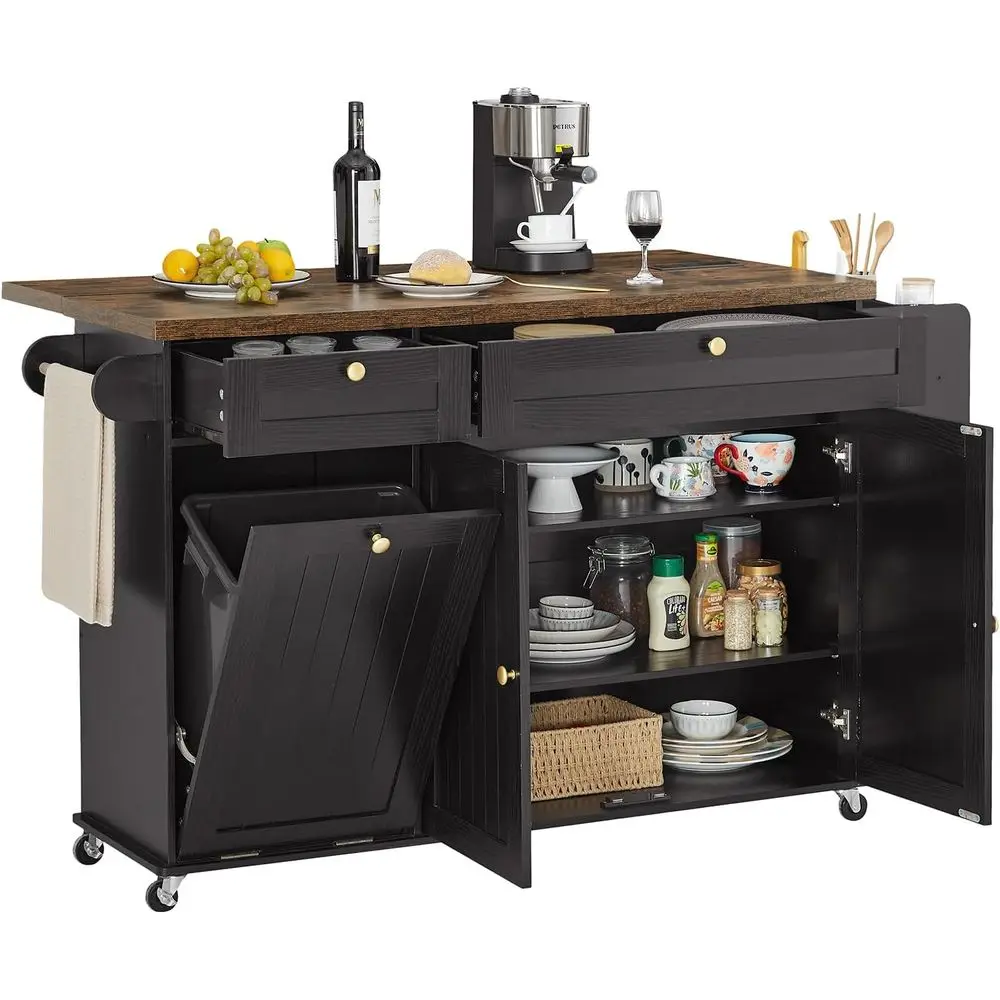 

60-inch Kitchen Island with Outlet, Drop Leaf, Spice Rack, Towel Bar, and Trash Bin Storage