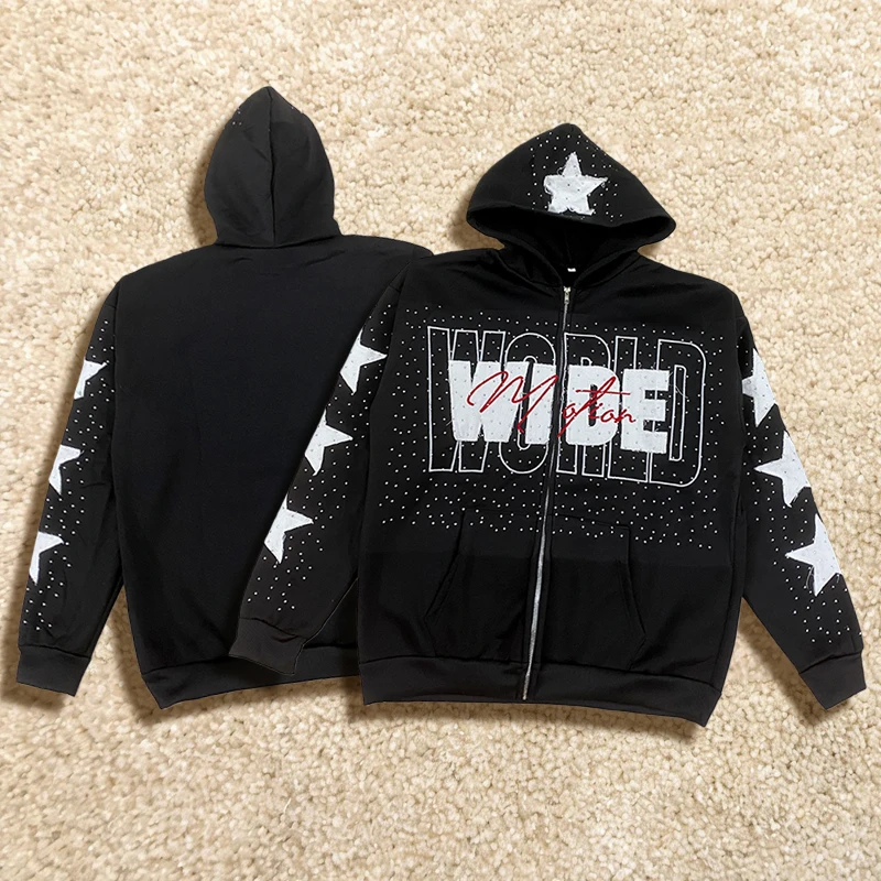 

Autumn Winter Loose Fit Hoodie with Letter Stickers Embroidery Comfortable Long Sleeve Zipper Street Style Hooded Sweatshirt