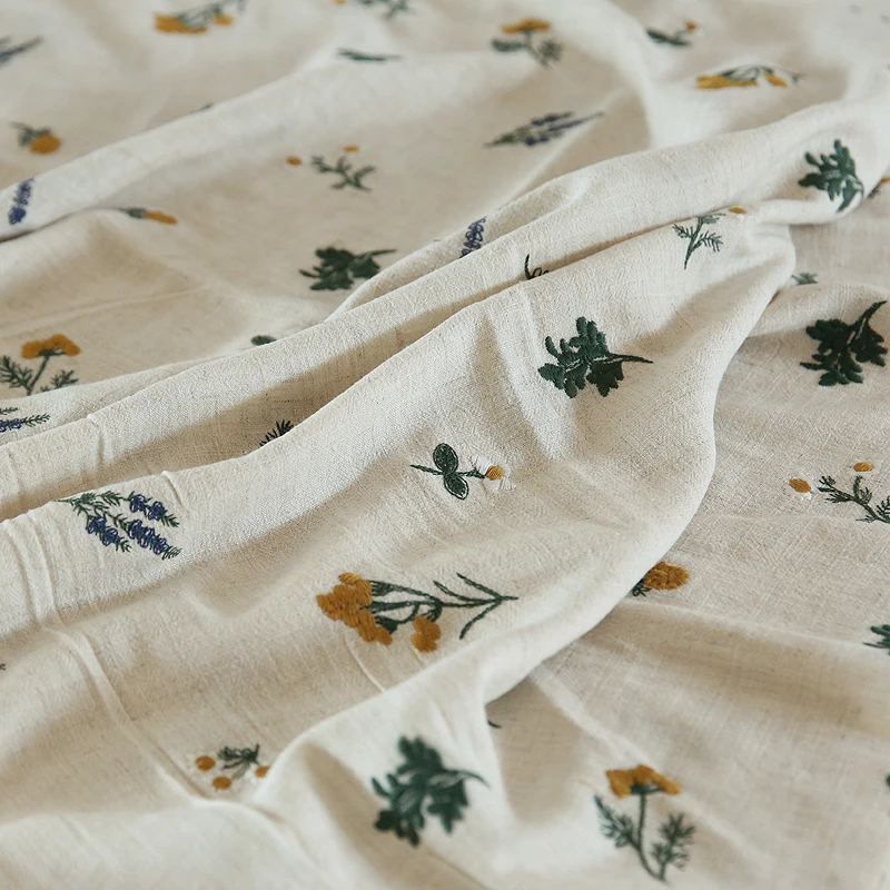 Vintage Cotton And Linen Flower Embroidery Fabric Dress Clothing Fabric DIY Fabric Handicraft By the yard