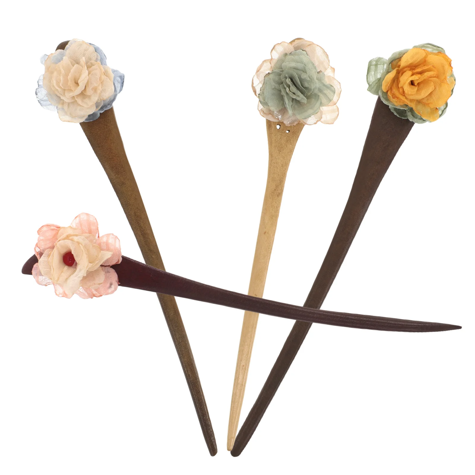

4Pcs Camellia Hairpin Chinese Hanfu Accessories Dried Flower Wooden Pins Blue Yellow Green Pink Traditional Retro Style