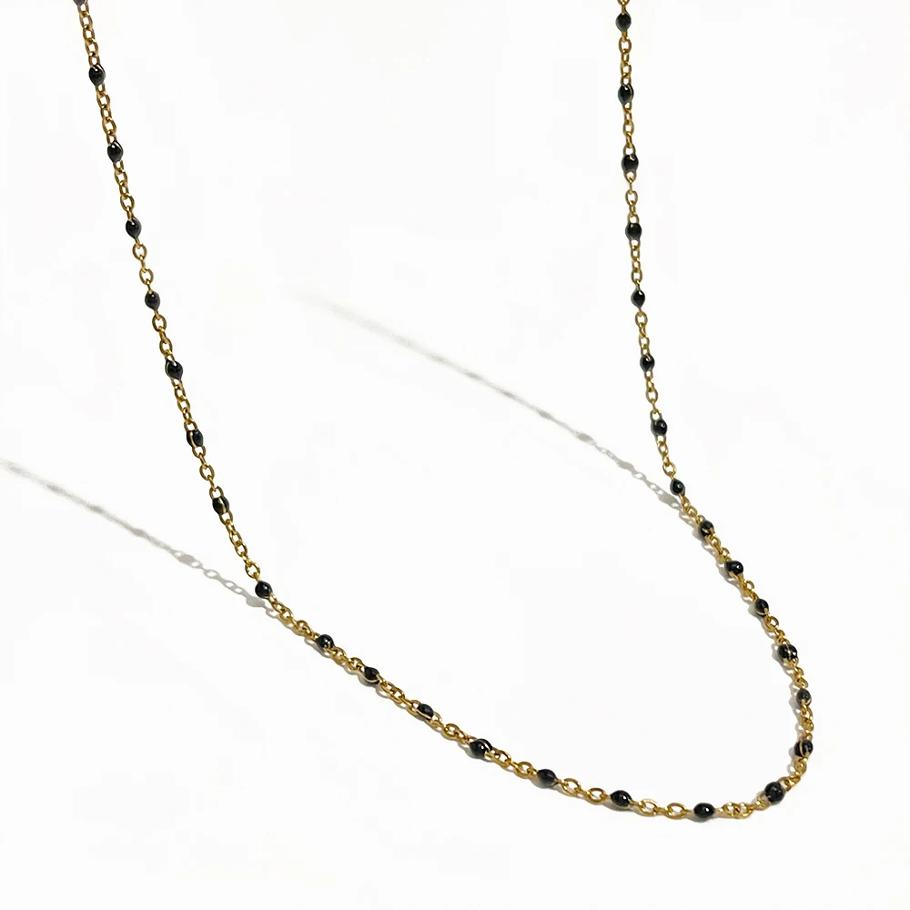 Peri\'sBox Stainless Steel Black Enamel Dot Thin Chain Choker Necklace Minimal Dainty Tiny Beaded Satellite Chains Jewelry Women