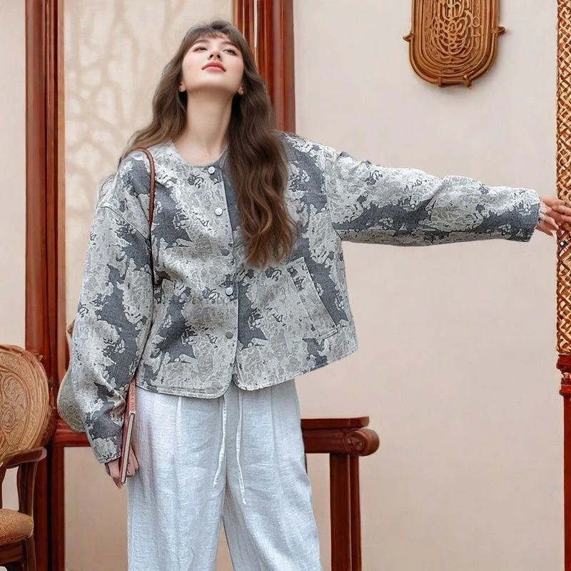 Chinese Ink Wash Print Jacket Autumn New Vintage Design Niche Top Vintage Style Cropped Jacket Women Improved Modern Coat